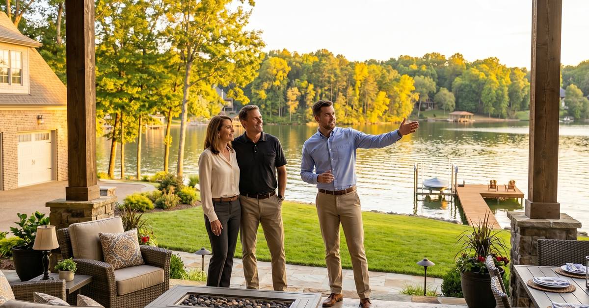 Real estate agent Ryan Beals with luxury home buyers reviewing Old Hickory Lake waterfront listings in Hendersonville TN 37075