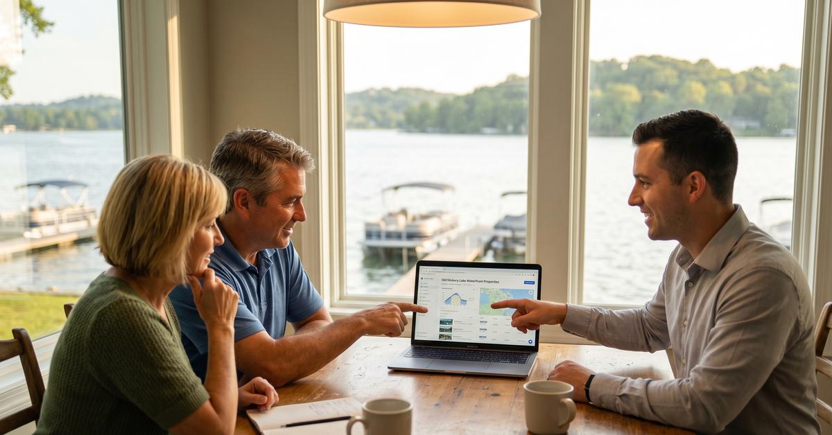 Real estate agent reviewing Old Hickory Lake dock and waterfront price data with buyers in Hendersonville TN 37075