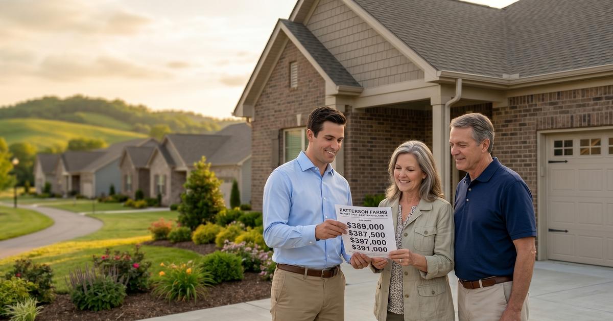 Real estate agent reviewing Patterson Farms market data with buyer couple in Gallatin TN 37066