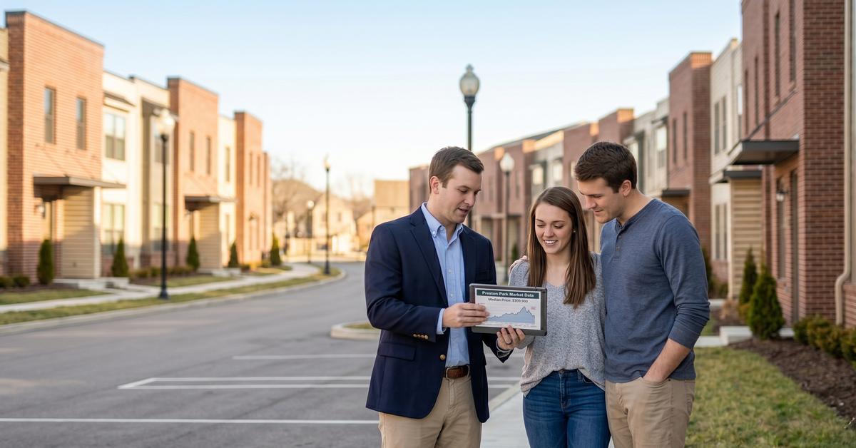 Real estate agent showing Preston Park market data to couple outside Gallatin TN 37066 townhome community