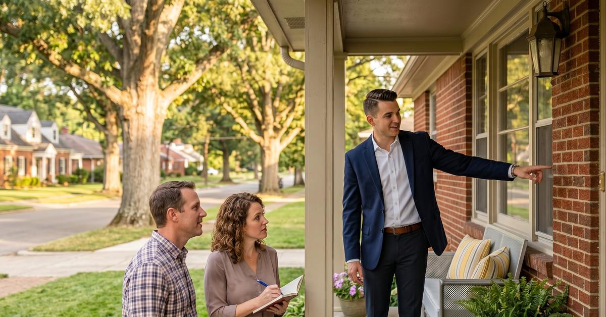 Real estate agent with buyers on porch of brick ranch home in Rolling Acres Hendersonville TN 37075