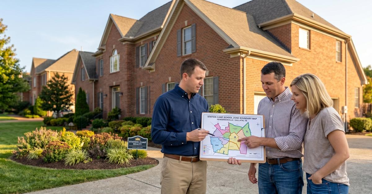 Real estate agent reviewing Station Camp school zone map with buyers in Hendersonville TN 37075