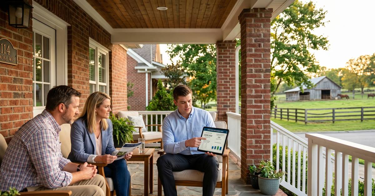 Real estate agent reviewing market data with buyer couple on brick townhome porch in Stratford Park Gallatin TN 37066