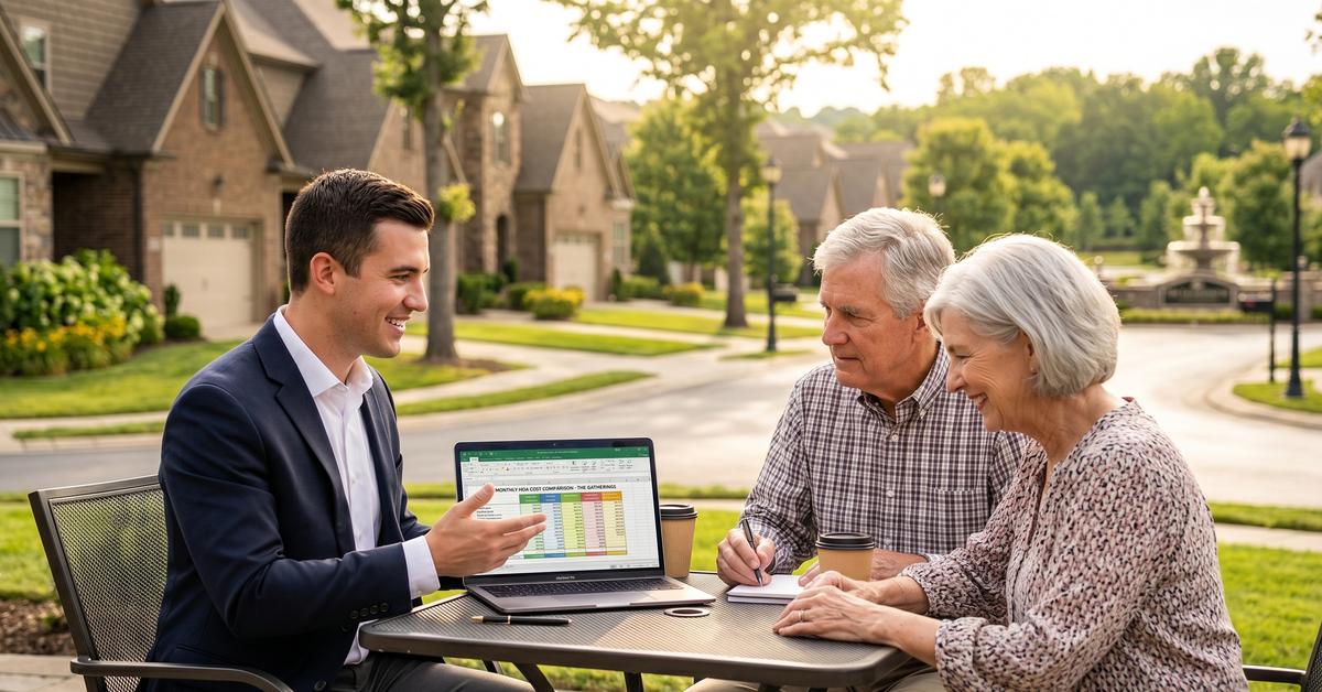 Real estate agent Ryan Beals reviewing 55-plus community options with retired couple at The Gatherings Hendersonville TN 37075