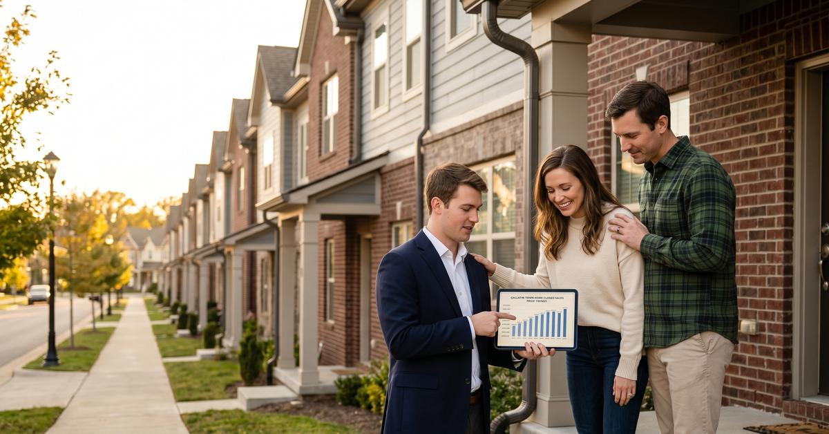 Real estate agent reviewing townhome market data with buyers at The Towns at Red River Gallatin TN 37066