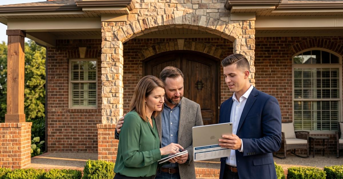 Real estate agent reviewing market data with buyers outside Trace at Alexandria home Hendersonville TN 37075