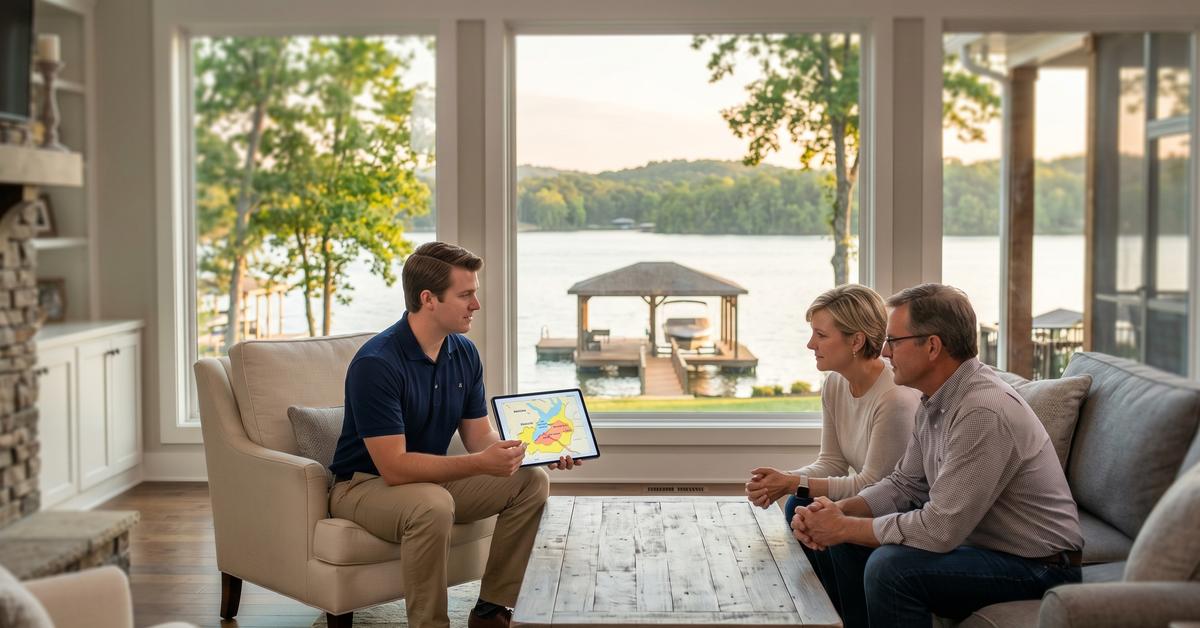 Real estate agent consulting with buyers about flood zone AE insurance costs for Old Hickory Lake home in Hendersonville TN 37075