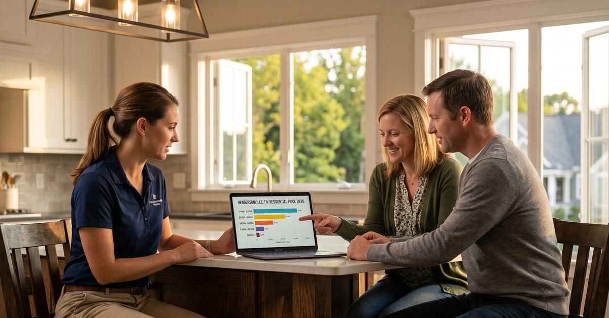 Real estate agent reviewing $500000 price tier data with buyer couple at kitchen table in Hendersonville TN 37075