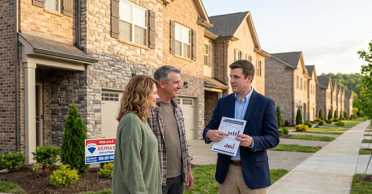 Real estate agent meeting with sellers outside a townhome in Oxford Station Gallatin TN 37066 reviewing resale pricing