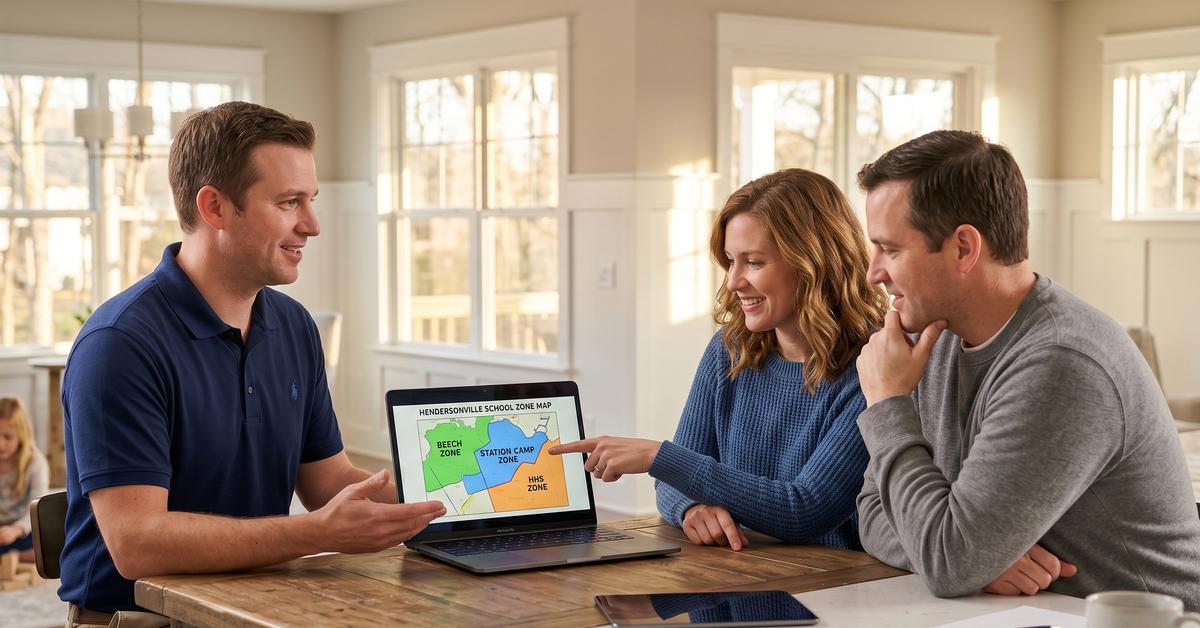 Real estate agent reviewing Hendersonville TN school zone map with family buyers inside home 37075