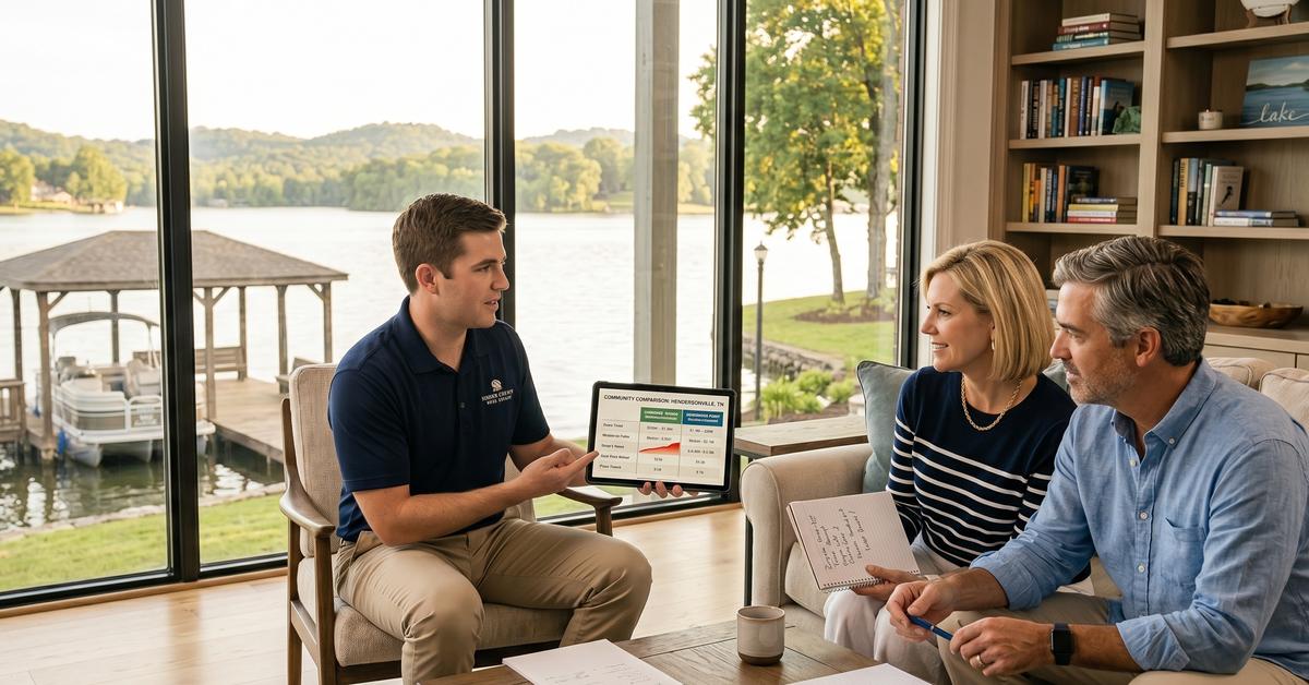 Real estate agent consulting with waterfront buyers on Old Hickory Lake dock in Hendersonville TN Sumner County
