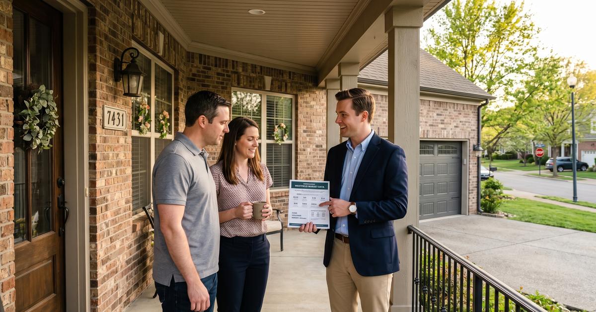 Real estate agent reviewing Westfield Gallatin TN market data with buyers outside a home in the Station Camp school zone 37066