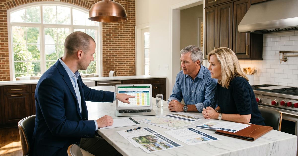 Real estate agent reviewing Somerset Downs market data with a homeowner couple in Hendersonville TN 37075 preparing to sell