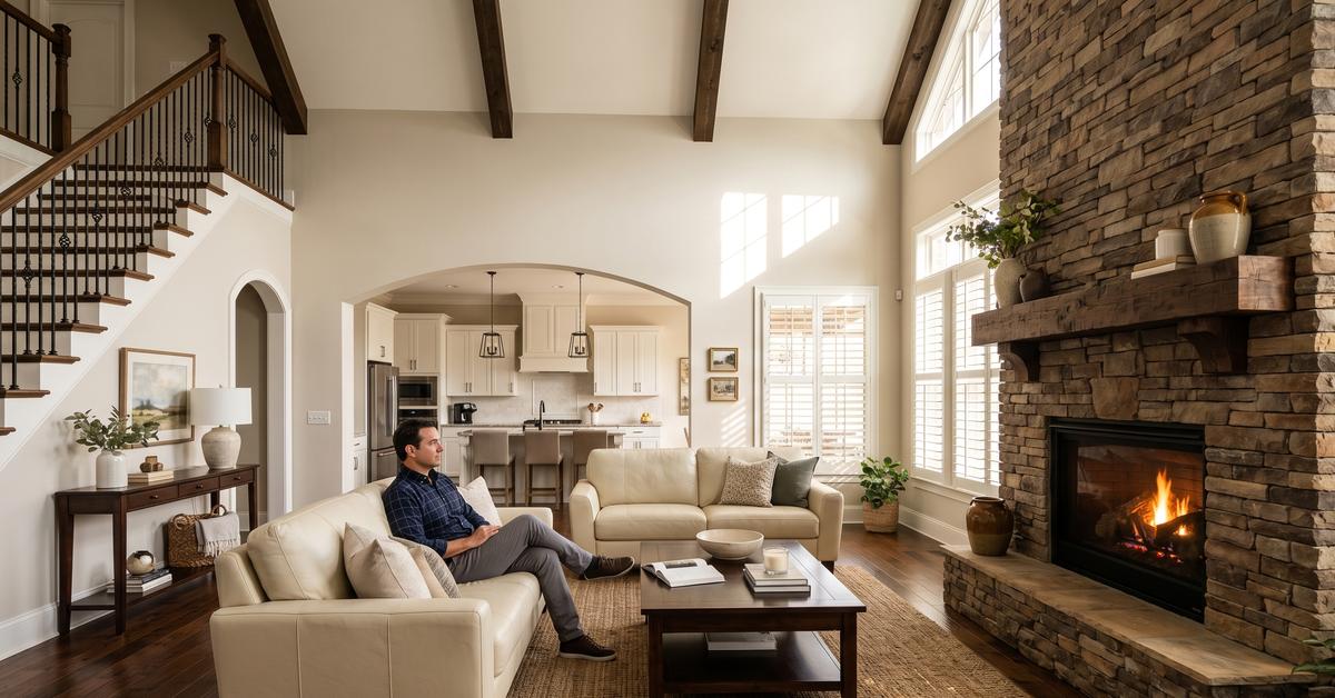 Interior living room with floor-to-ceiling stone fireplace and hardwood floors in a Somerset Downs home in Hendersonville TN 37075