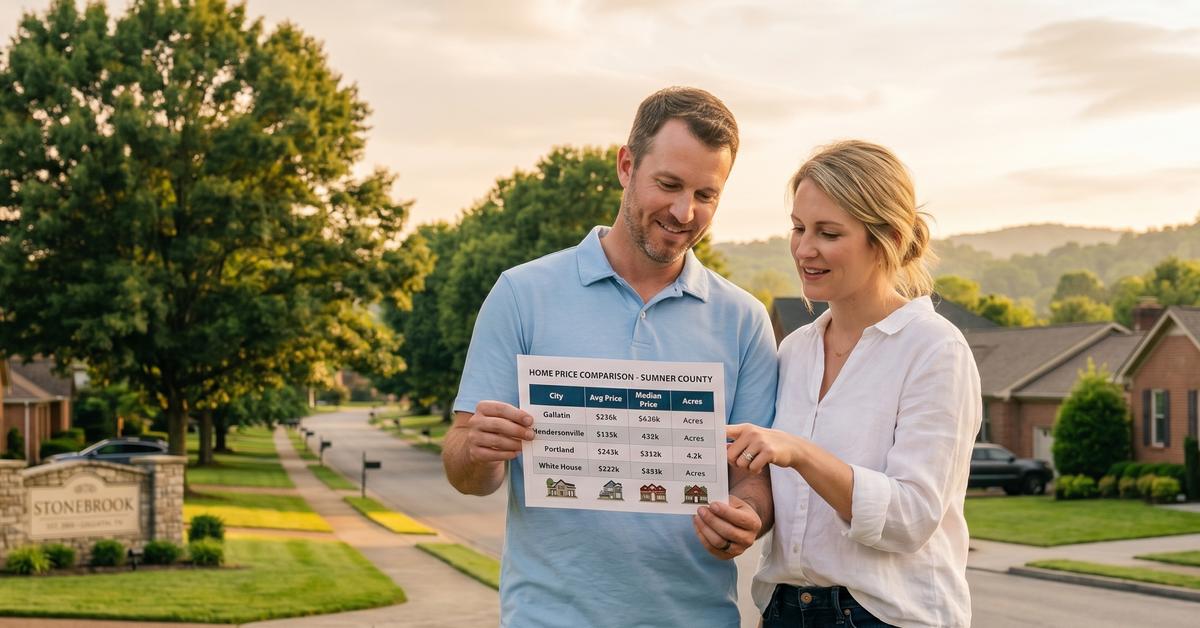 Couple reviewing Sumner County city comparison sheet for Gallatin Hendersonville Portland White House TN
