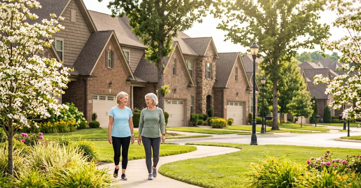 Two active adult women walking through The Gatherings 55-plus condo community in Hendersonville TN 37075