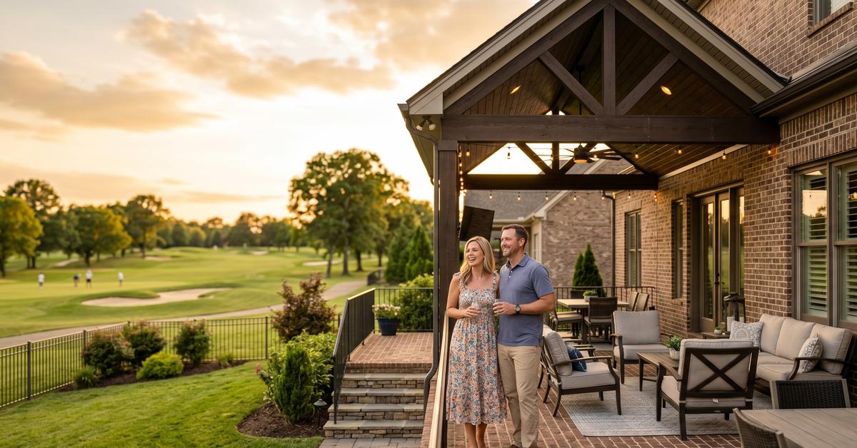 Covered patio with golf course view at Tomkins Farms all-brick home in Gallatin TN 37066