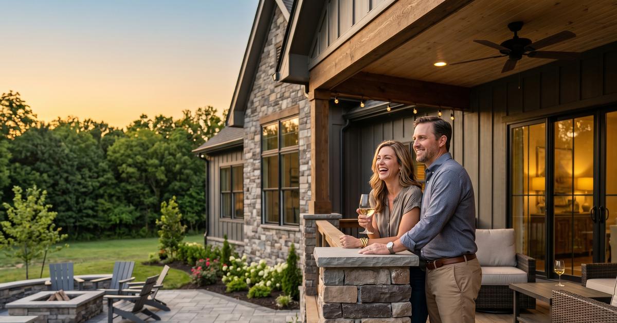 Couple relaxing on stone patio outside new construction home in Woods Crossing Gallatin TN 37066