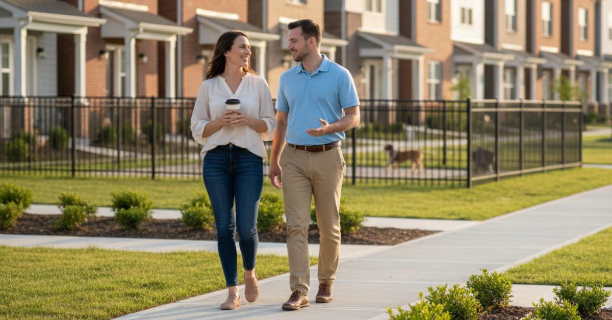 Couple walking the pedestrian trail at Anderson Park townhome community in Hendersonville TN 37075