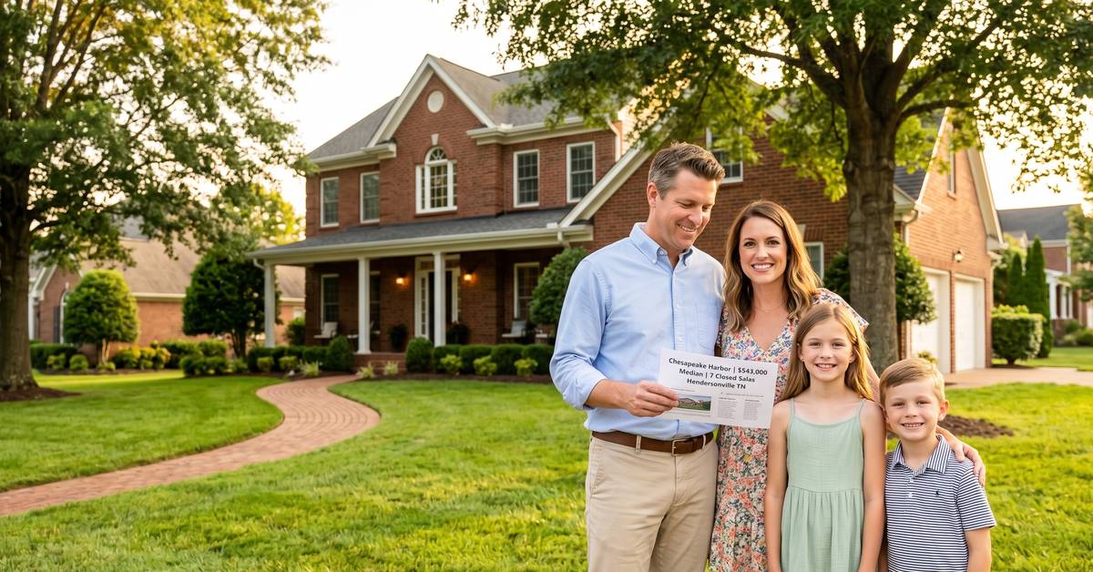Family outside brick colonial home in Chesapeake Harbor Hendersonville TN 37075 established residential community