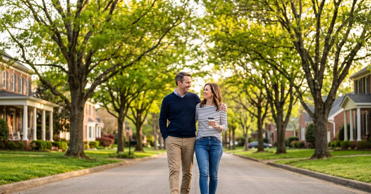 Couple walking through Colonial Acres subdivision in Hendersonville TN 37075 established no-HOA neighborhood