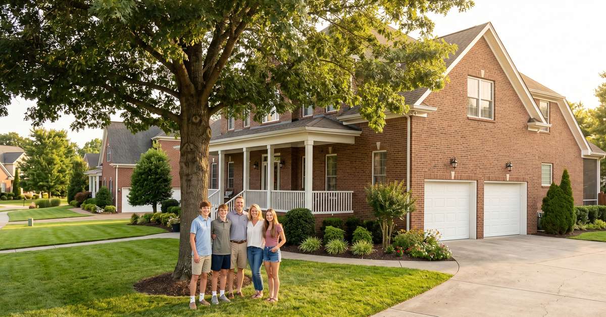 Family standing in front yard of traditional brick home in Cumberland Place subdivision Hendersonville TN 37075