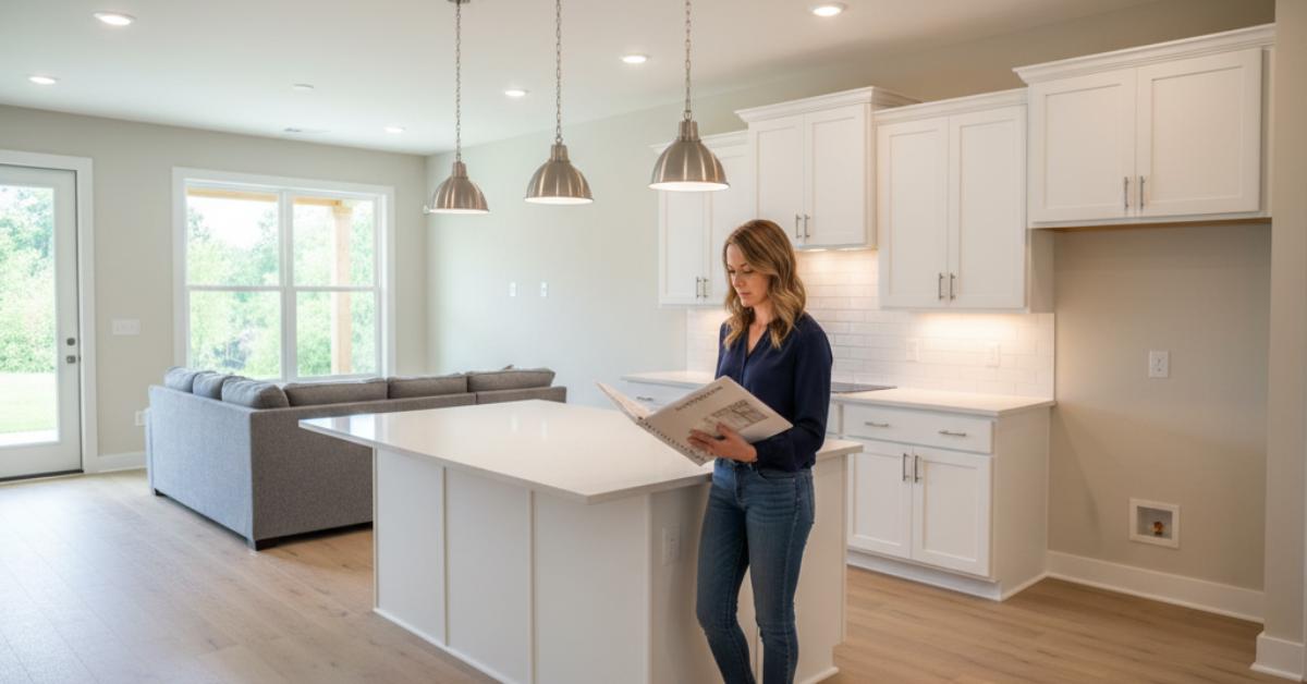 Open concept kitchen with quartz countertops and island in new construction Nearwater Place townhome in Hendersonville TN 37075