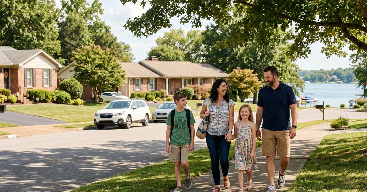 Family walking near Old Hickory Lake in Panorama Harbor subdivision Hendersonville TN 37075 lake access community