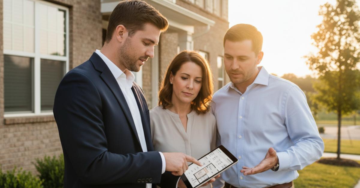 Real estate agent reviewing Anderson Park floor plan data with home buyers outside Hendersonville TN 37075 townhome
