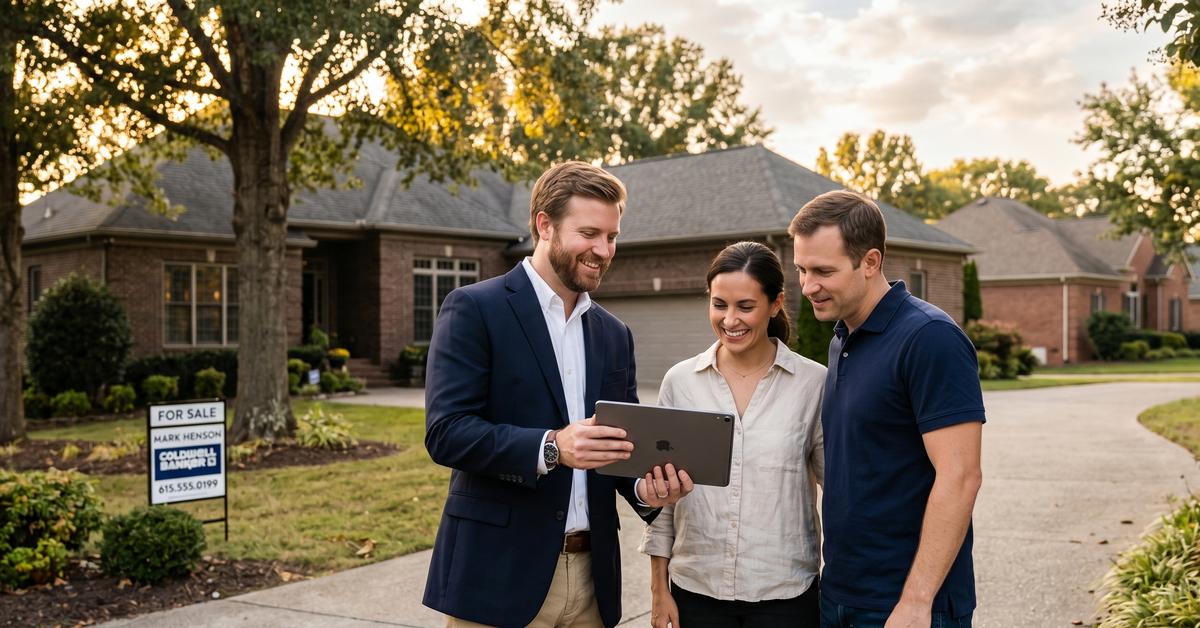Real estate agent reviewing Chesapeake Harbor market data on tablet with buyers in Hendersonville TN 37075