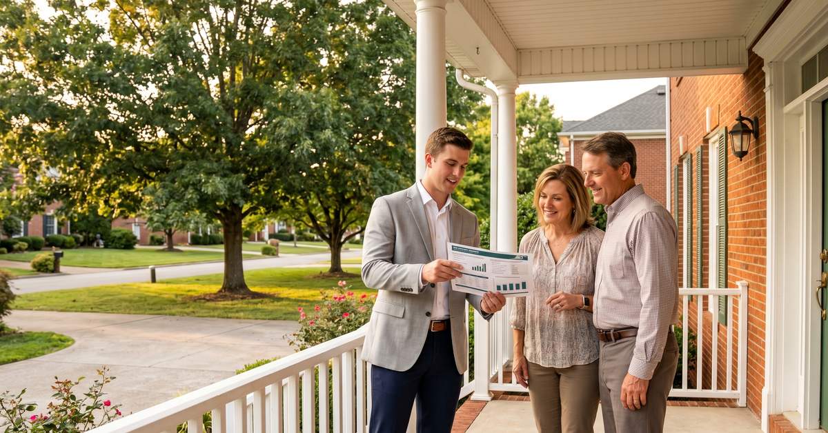 Real estate agent reviewing market data with buyers outside Colonial Acres home Hendersonville TN 37075