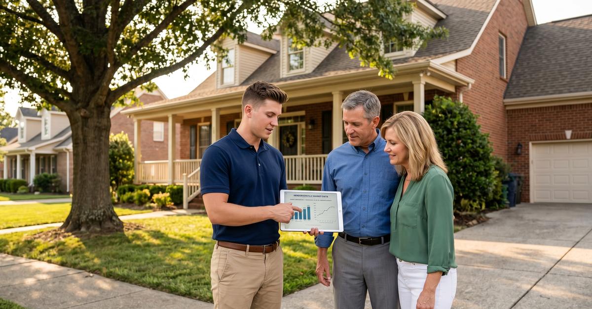 Real estate agent reviewing market data on tablet with couple outside brick home in Cumberland Place Hendersonville TN 37075