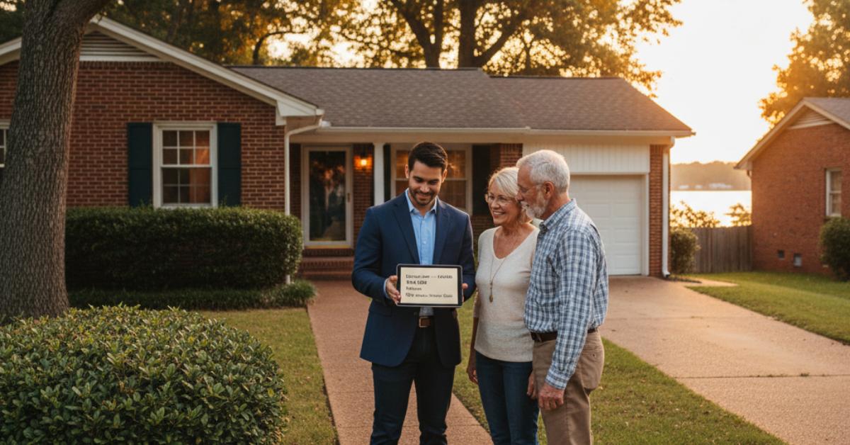 Real estate agent reviewing market data with retired buyers outside Delray Park home Hendersonville TN 37075
