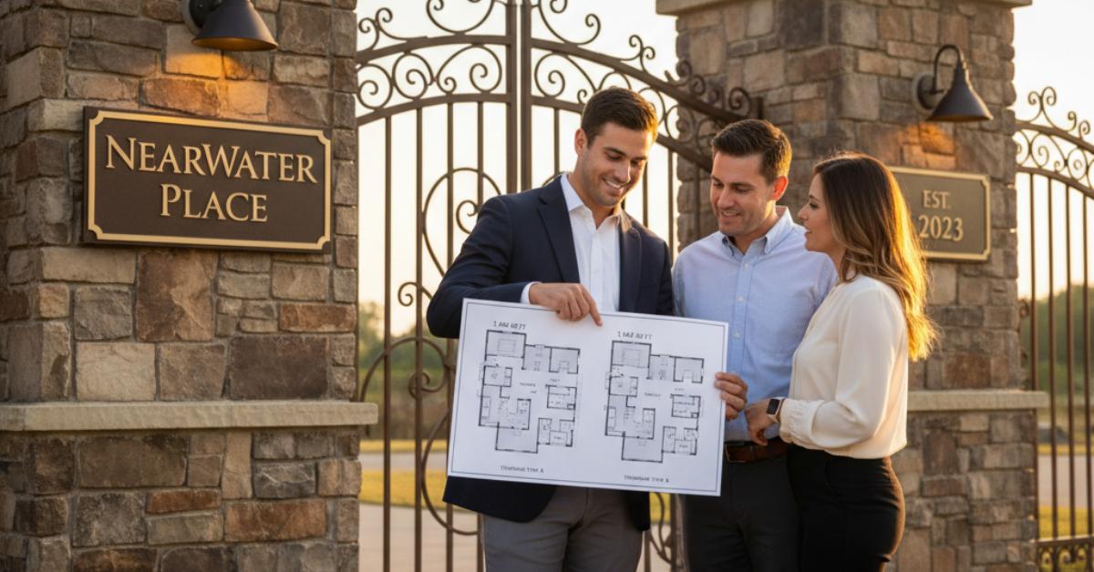 Real estate agent reviewing Nearwater Place floor plan options with buyers at gated community entrance Hendersonville TN 37075