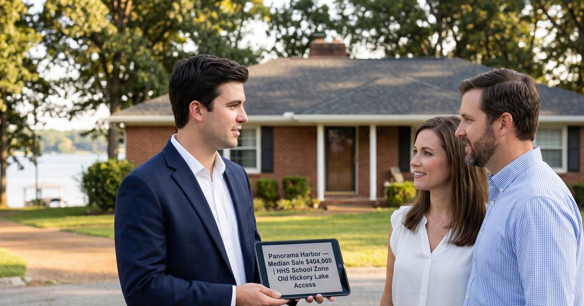 Real estate agent reviewing Panorama Harbor lake access data with buyers Hendersonville TN 37075 Old Hickory Lake