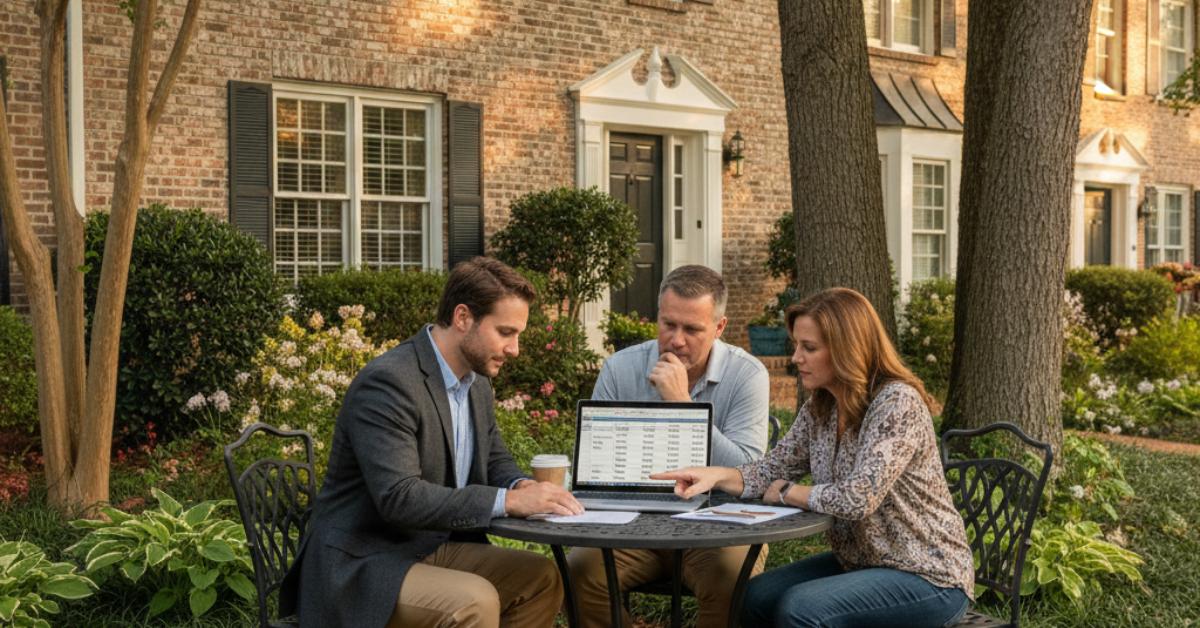Real estate agent reviewing HOA fee comparison and monthly costs with buyers at Waterford Village Hendersonville TN townhome