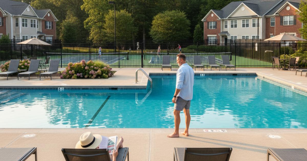 Community pool and amenities at Waterford Village townhomes in Hendersonville TN 37075 Sumner County