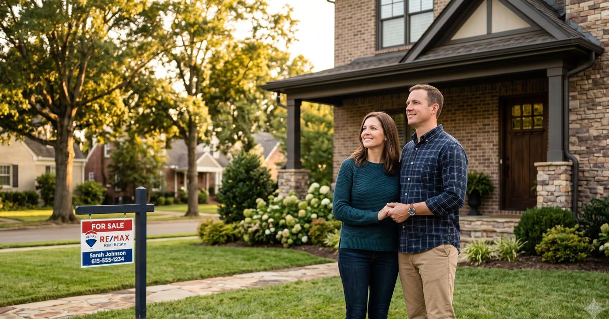 Move-up couple outside a Hendersonville TN home with a for-sale sign weighing a sell-and-buy move in 37075