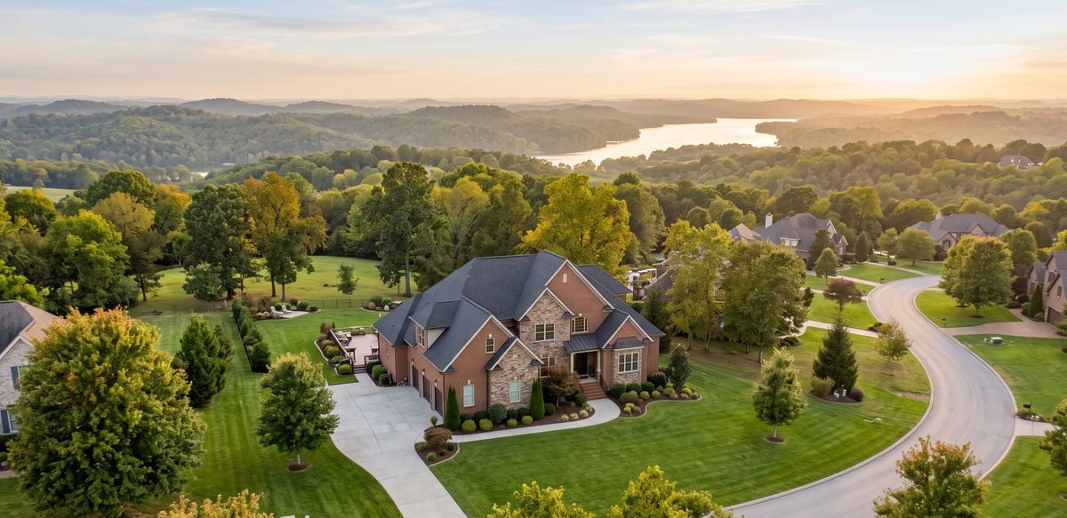Aerial view of a newer brick and stone home on a large lot in Hendersonville TN with Old Hickory Lake in the distance