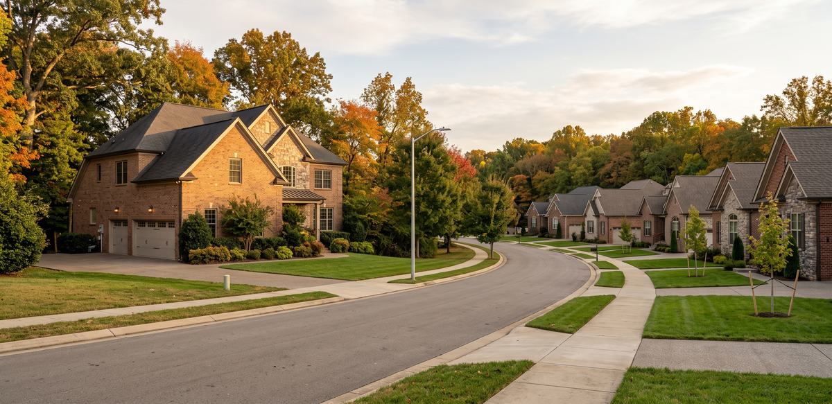 Established brick homes and smaller newly built homes on a street in Kennesaw Farms, Gallatin TN 37066