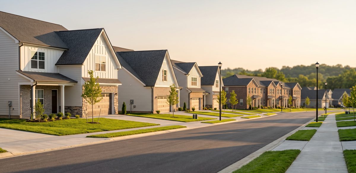 Nexus North Gallatin TN new construction street with two-story single-family homes and a row of brick townhomes in 37066