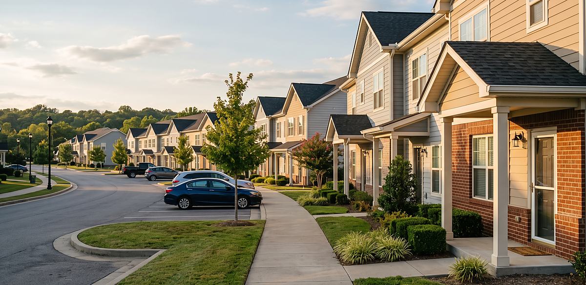 Row of two-story townhomes at The Towns at Red River in Gallatin TN 37066 at golden hour, surface parking and covered front porches