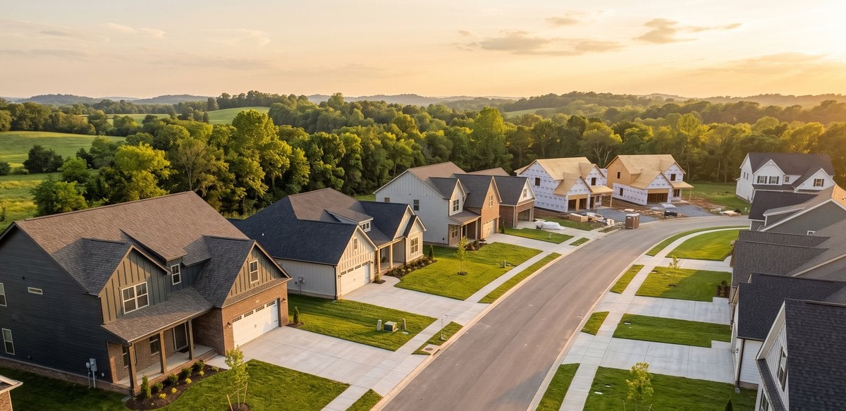 New construction homes on a new subdivision street in White House TN, Sumner County, at golden hour