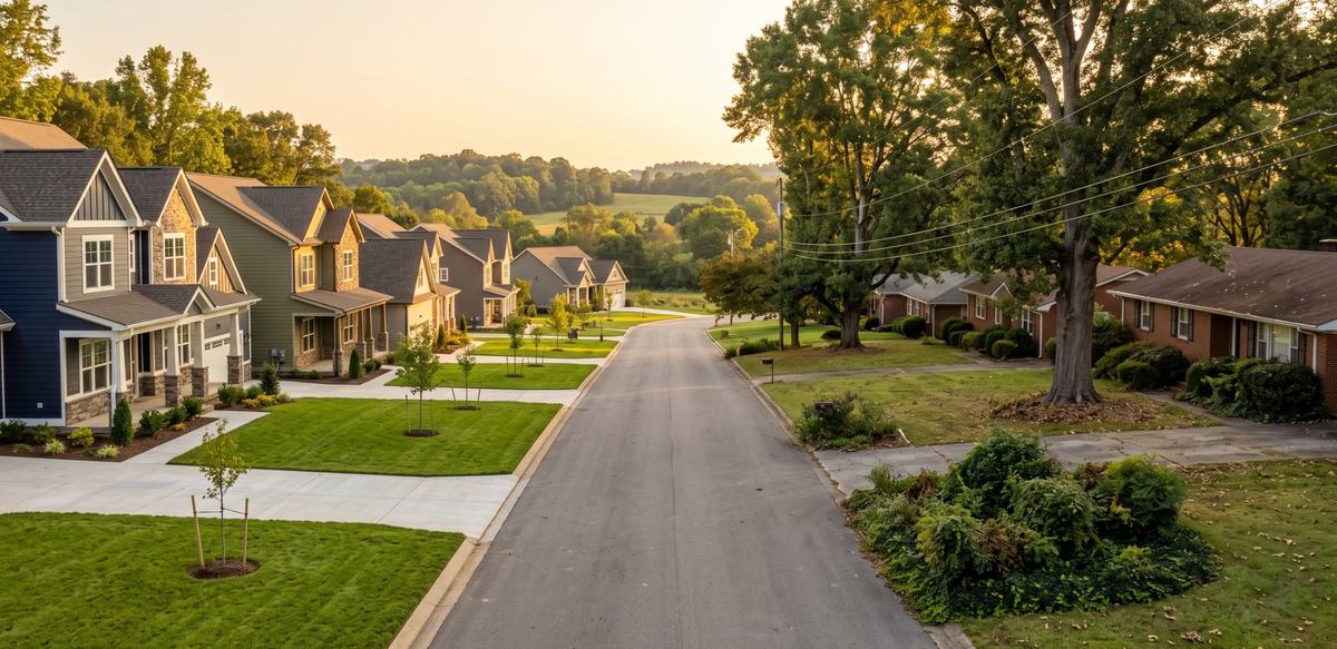 New construction homes and established brick resale homes on a White House TN street in Sumner County