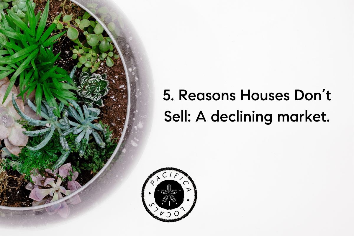 text: Reasons Houses Don’t Sell declining market on white background with small round terrarium half off the picture