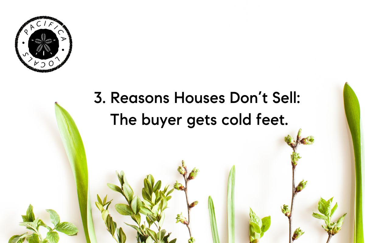 text: reasons houses don't sell. buyer gets cold feet. on white background with greenery at the bottom