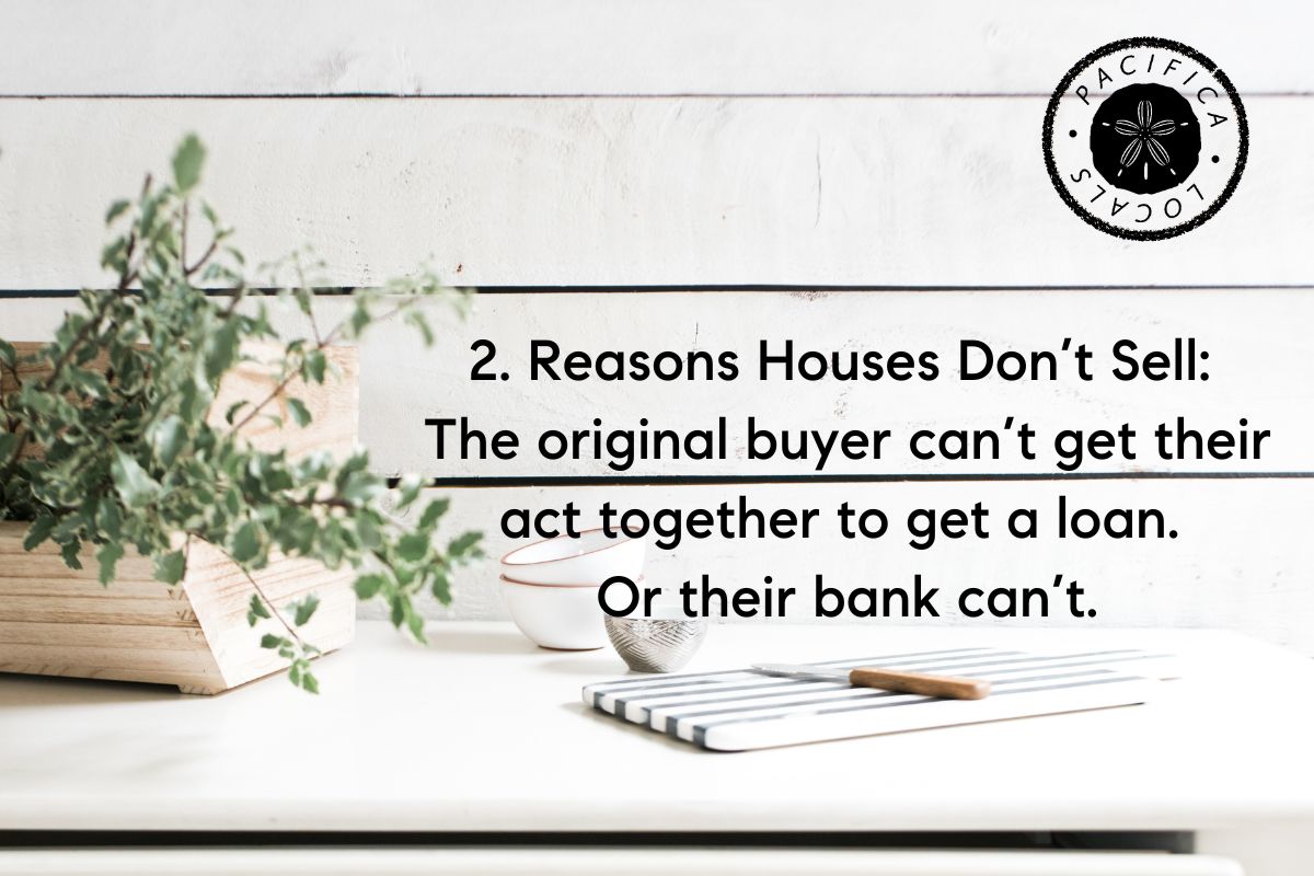 text: reasons houses don't sell. buyer can't get a loan. on white background with potted plant.