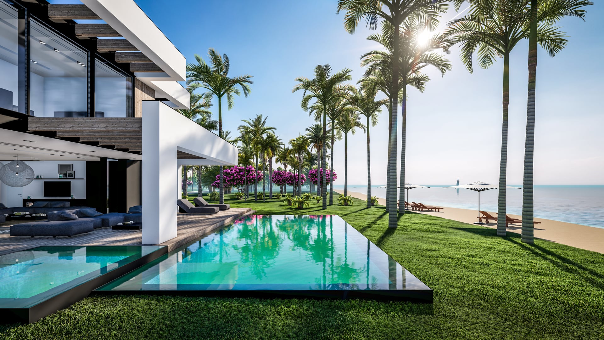 3d-rendering-of-modern-cozy-house-with-pool-and-parking-for-sale-or-rent-in-luxurious-style-by-the-sea-or-ocean.-Sunny-day-by-the-azure-coast-with-palm-trees-and-flowers-in-tropical-island