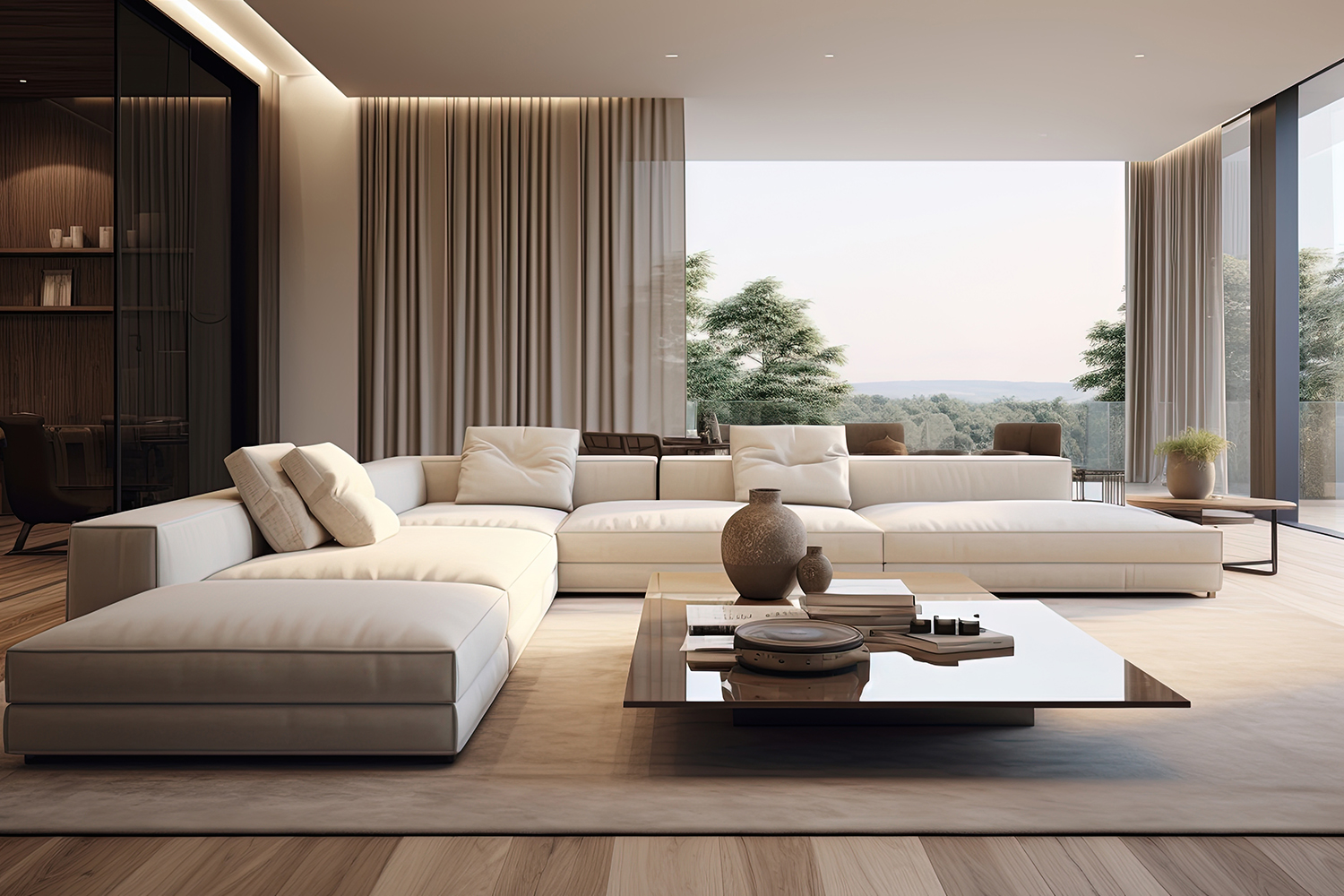 Interior,Of,Modern,Living,Room,With,Wooden,Floor,,Panoramic,Window