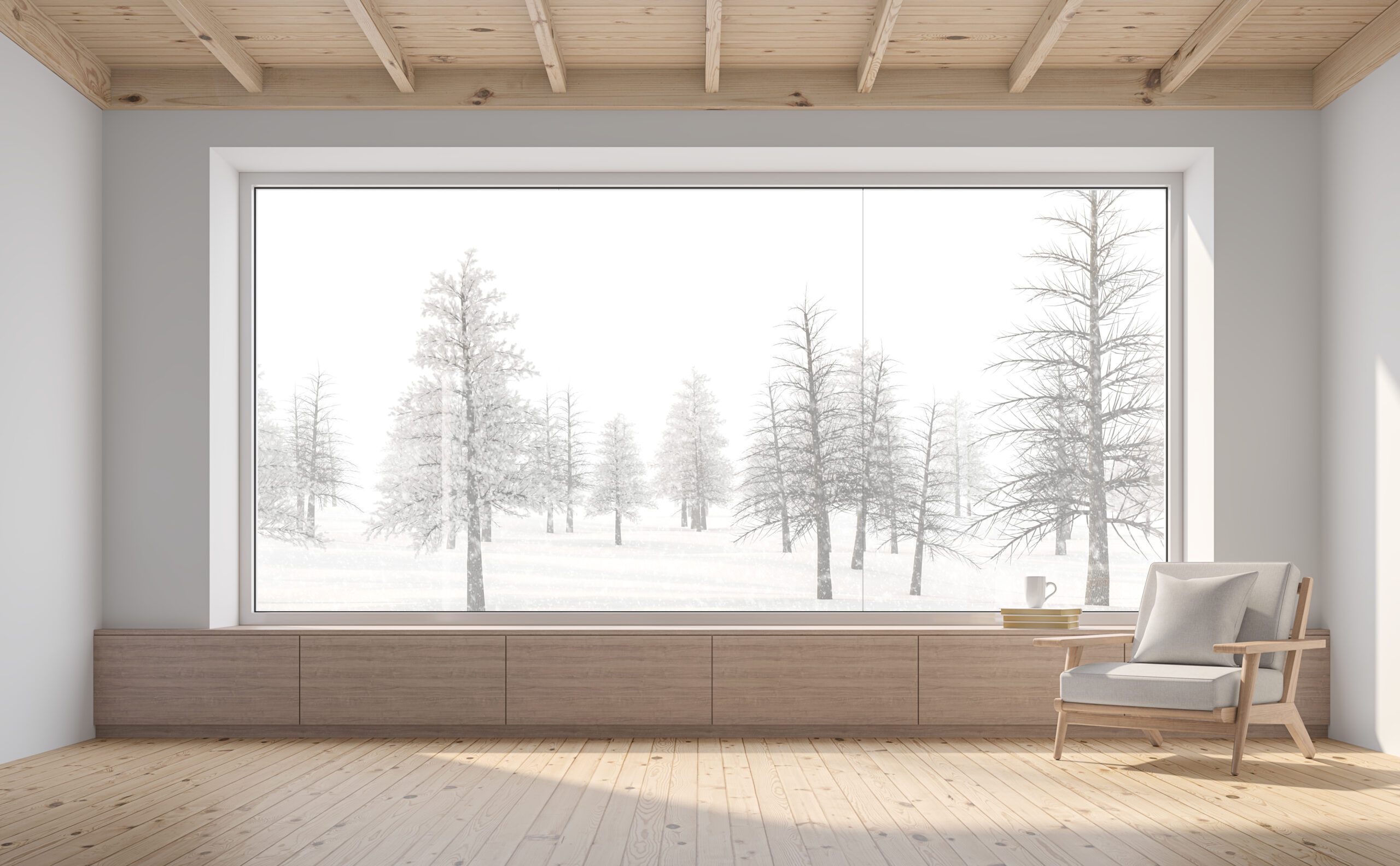 Empty room with snow scene background 3d render,There are white wall,wooden floor and ceiling,wood seat,decorate with fabric chair.There are big  windows look out to see nature view.